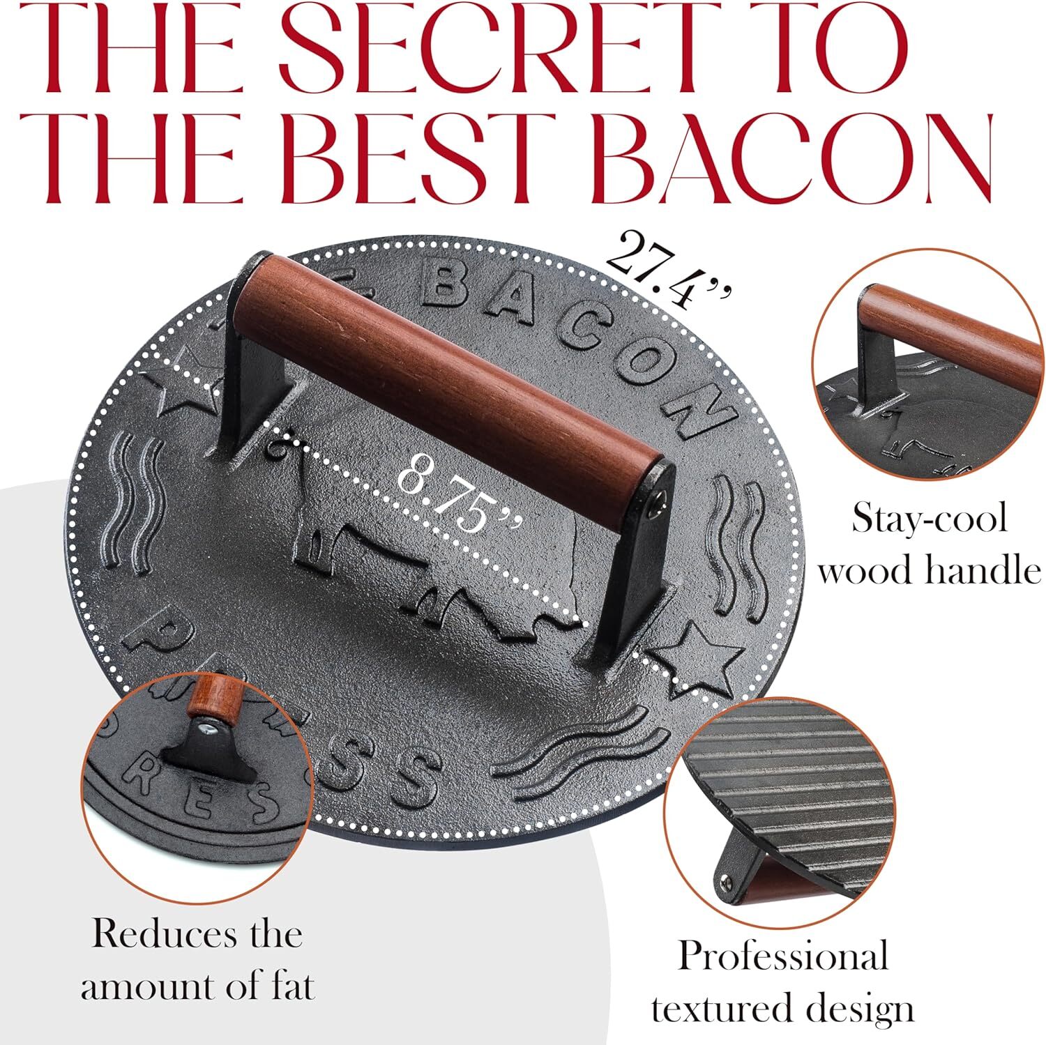 Cast Iron 8.5 In Round Heavy-Duty Grill Press Bacon Steak Sandwiches Wood Handle gallery