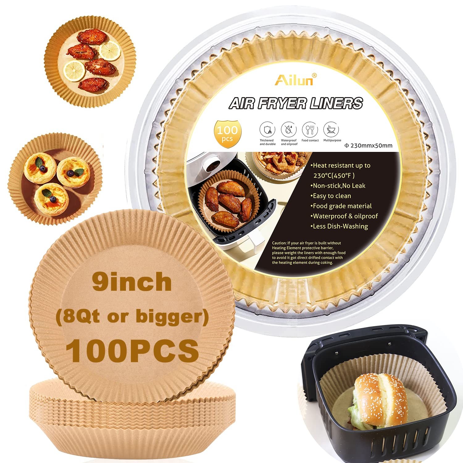 Ailun Air Fryer Paper Liners 9inch, 100PCS Non-Stick 9"Round-100PCS, Brown gallery