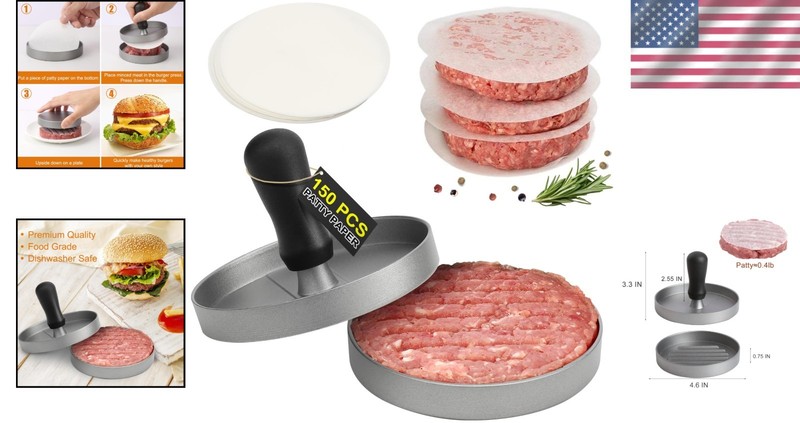 Ergonomic Non-Stick Hamburger Press with 150 Free Patty Papers - BBQ Ready! gallery