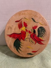 Wood Hinged Hamburger Press Hand Painted Fighting Roosters Vintage Japan 1950s