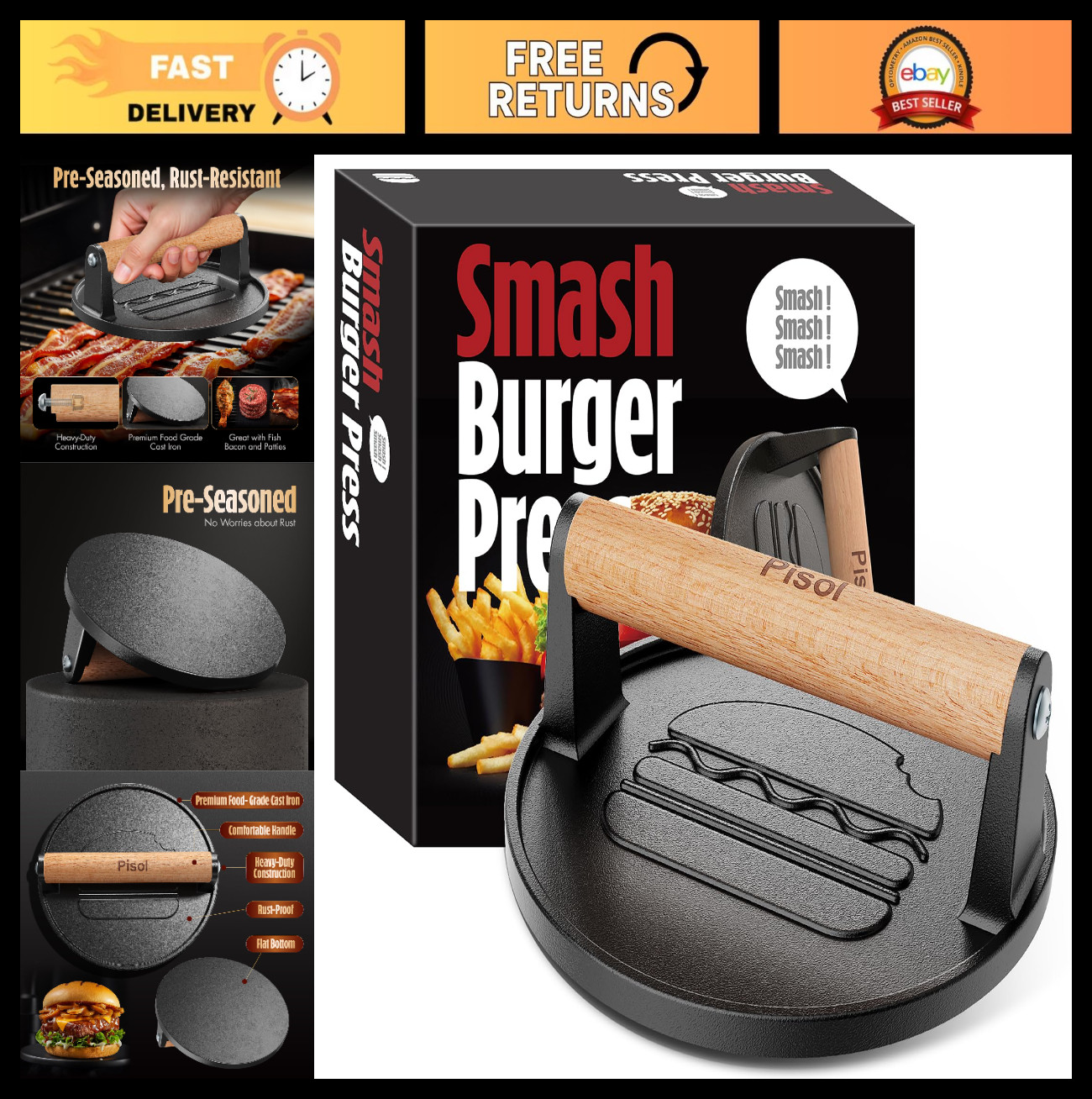 Heavy-Duty Cast Iron Burger Press, 2 lb Meat Smasher Tool with Wood Handle, 6.6 gallery
