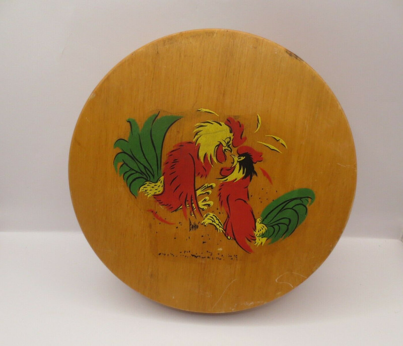 Vtg. Round Wood Hamburger Press - Rooster Applique Hinged Hamburger Patty Press gallery