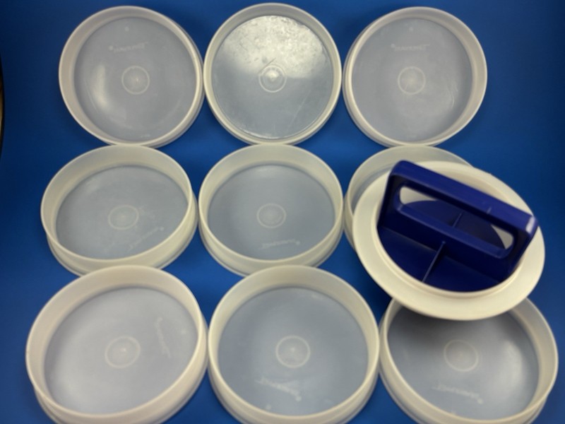 Vintage Tupperware 1/3 lb Hamburger Press #1926, Ring & 9 Keepers Lot - No Lid gallery