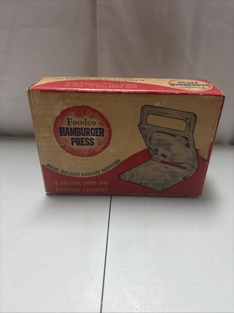 Vintage Foodco hamburger Press Diecast Lifetime Aluminum With Original Box