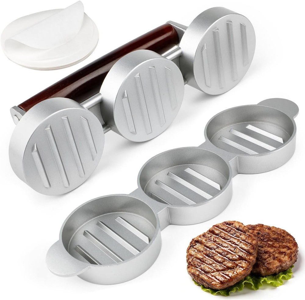 Mini Burger Press 3 Slots Slider Sausage Patty Press W/ 100 Patty Papers Heavy
