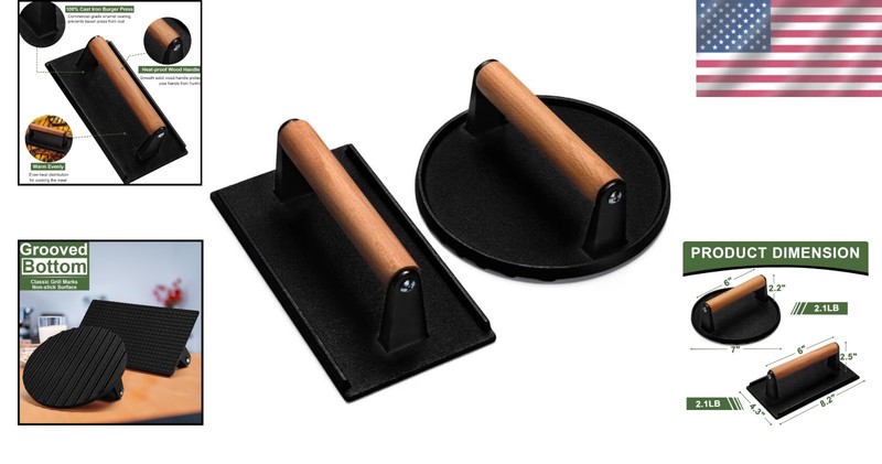 Luxury Cast Iron Burger Press - 7" Round & 8.2"x4.3" Rectangle with Wood Handle gallery