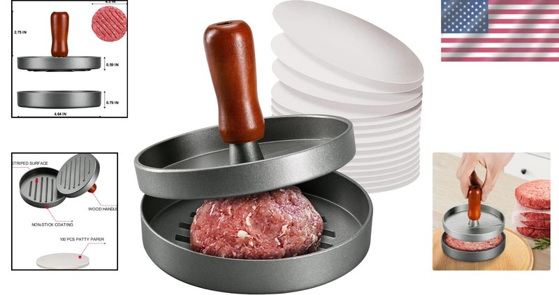 Grilling Essential: Stainless Steel Patty Press with 100 Non-Stick Patty Papers gallery