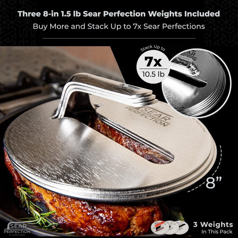 3x Sear Perfection Stackable Steak Weight (4.5lb Total). Chef-Grade Stainless gallery
