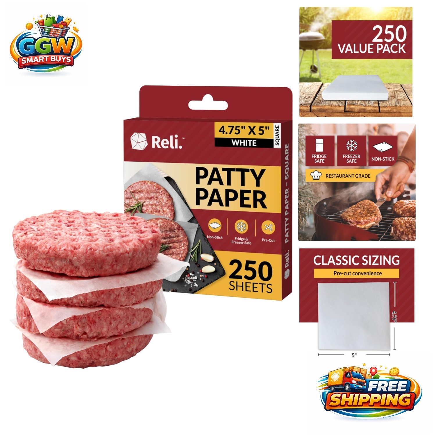250 Pack 4.75" x 5" Hamburger Patty Paper - Non-Stick Wax Sheets for Meats gallery
