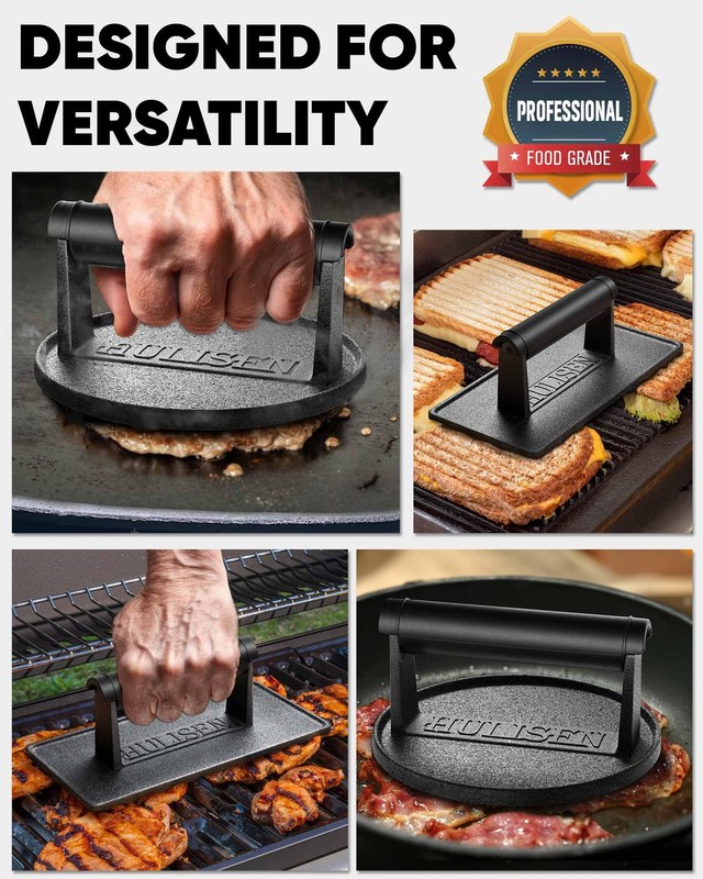 Pre-Seasoned Cast Iron Burger Press Includes 100 Pcs Patty Paper, 2.3lb Heavy... gallery
