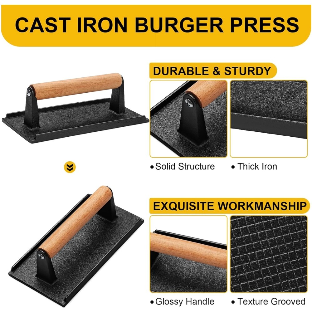 Heavy Duty Smash Burger Press with Wood Handle