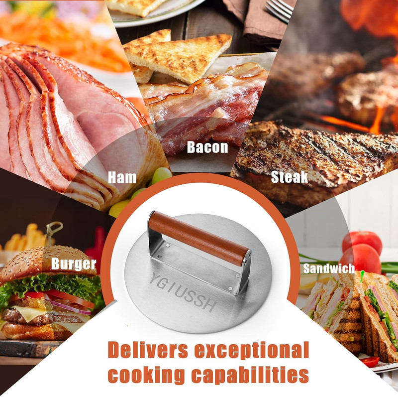 8.7 Inch Heavy-Duty Grill Press with Beech Wood Handle Stainless Steel Bacon Pre gallery