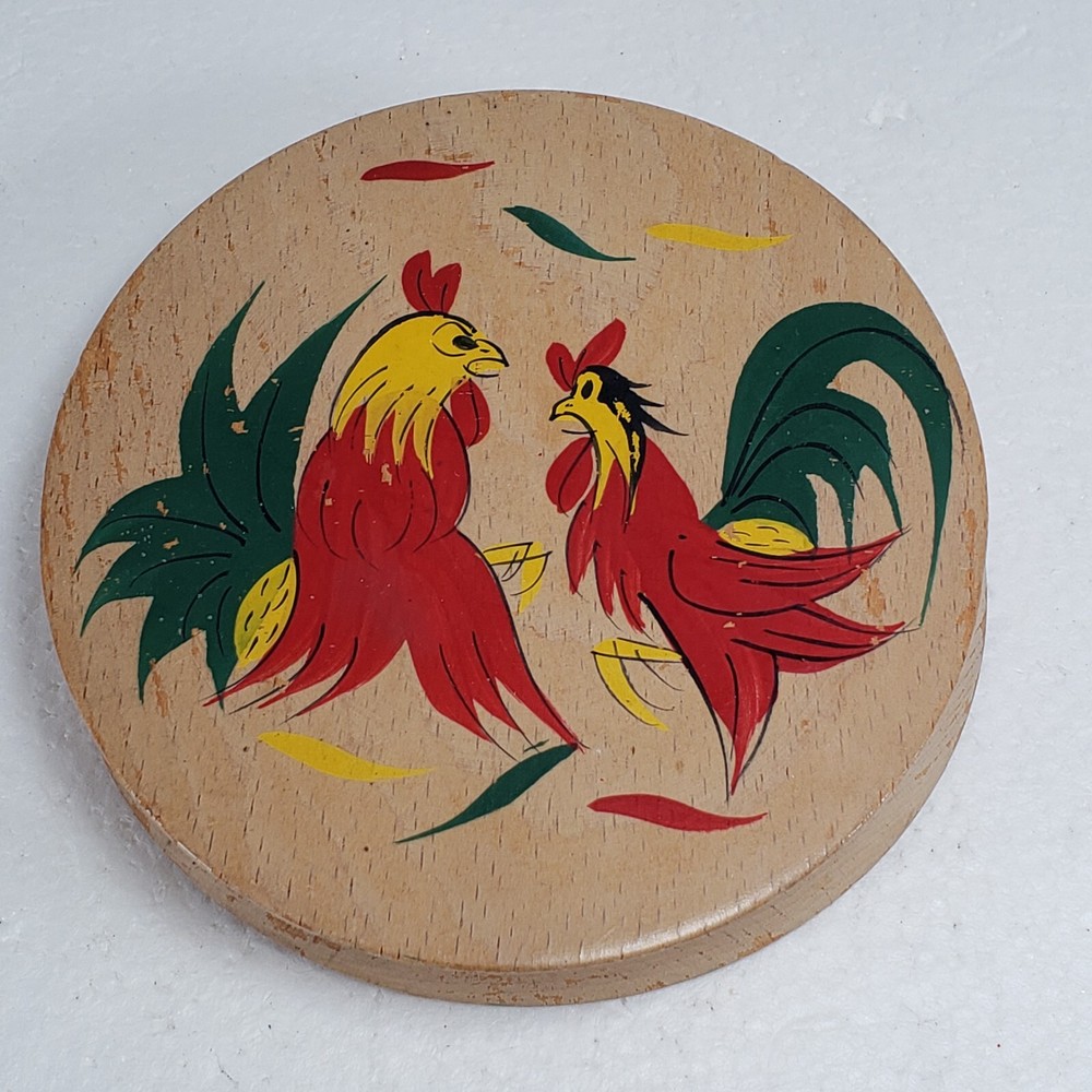 Wooden Hinged Round Hamburger / Patty Press Painted Roosters Vintage Japan