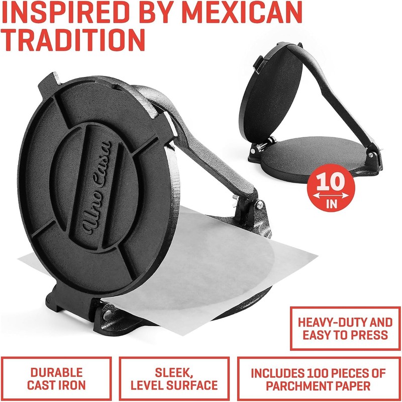 10 Inch Cast Iron Tortilla Press & Comal Pan Bundle - Non-Stick, Heat-Resistant, gallery