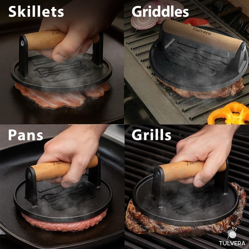 Smash Burger Press Cast Iron Hamburger Smasher Tool Flat-Edge Meat gallery