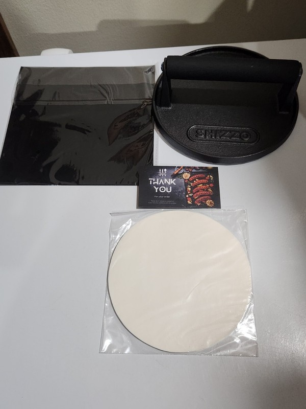 SHIZZO Smash Burger Press Kit 7' Heavy Duty Cast Iron Bacon Smasher with 50 Patt gallery