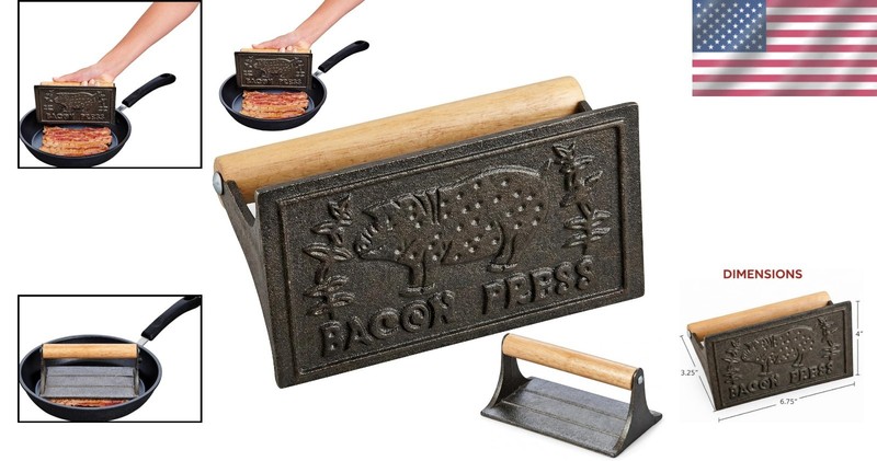 Cast Iron Bacon Press Heavy Duty Rectangular With Wooden Handle Kitchen Tool gallery