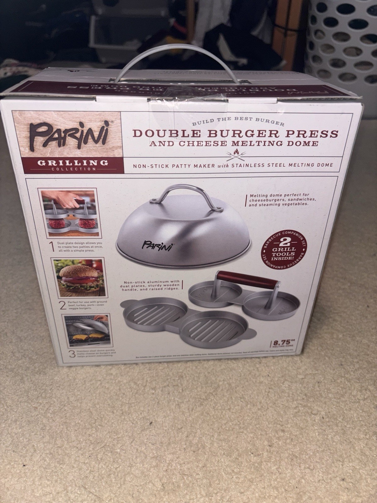 NEW Parini Double Non-Stick Burger Press & Cheese Melting Dome 8.75" NIB gallery