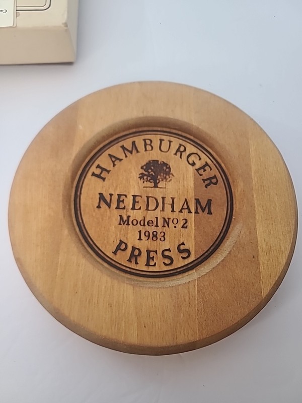 Vintage Needham Model No 2 1983 Wooden Hamburger Press With Original Box/Booklet gallery