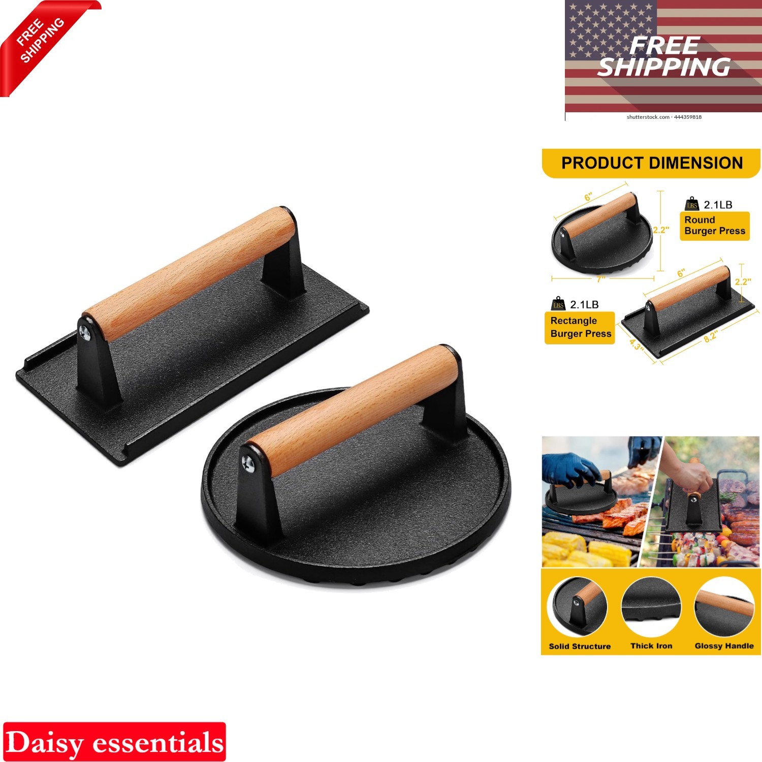 Cast Iron Grill Press for Blackstone Griddle, Round and Rectangular, Wooden H... gallery