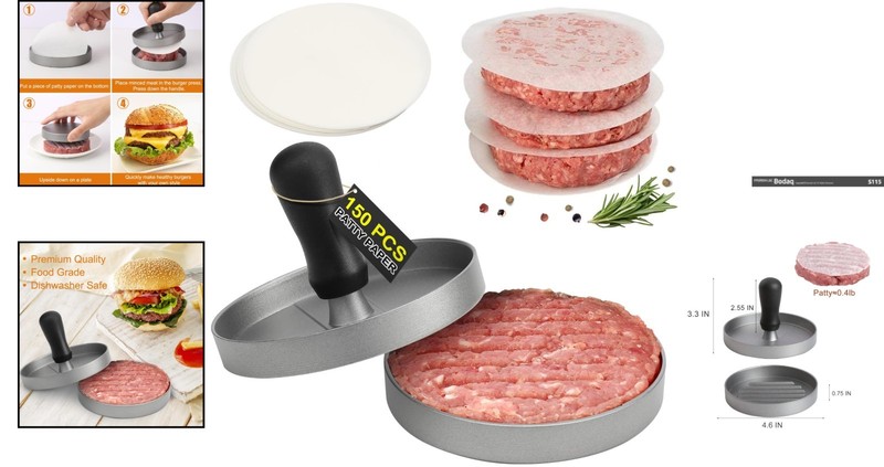 Ergonomic Aluminum Burger Maker with 150 Patty Papers for BBQ Perfection gallery