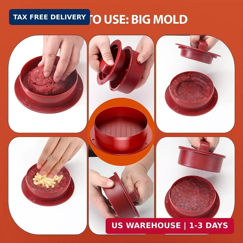 Burger Press Patty Maker 4 in 1 Stuffed Slider Sandwich Cutter 100 Wax Discs Red gallery