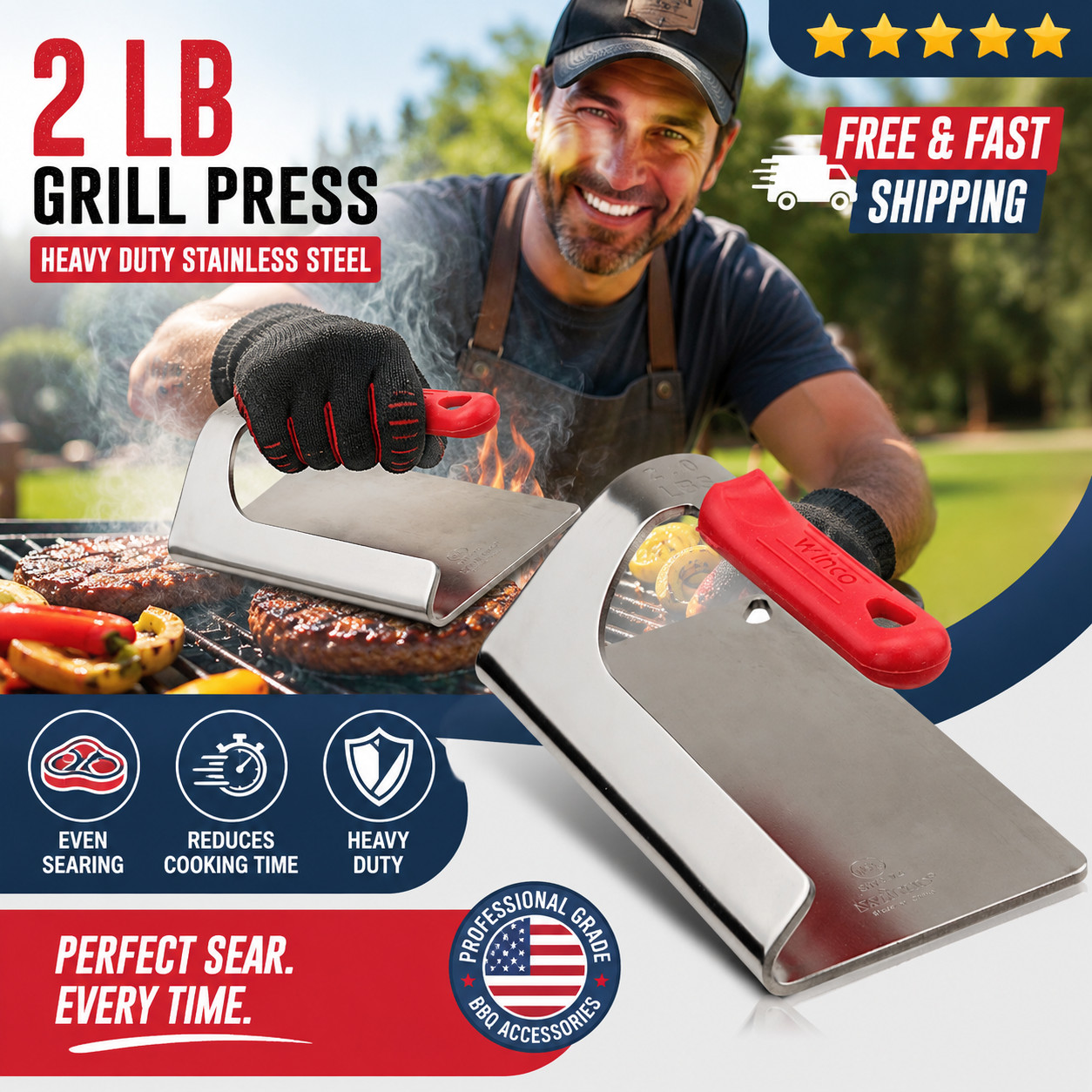 Winco Steak Weight 2 lb Grill Press Stainless Steel Bacon Burger Smasher - Free gallery