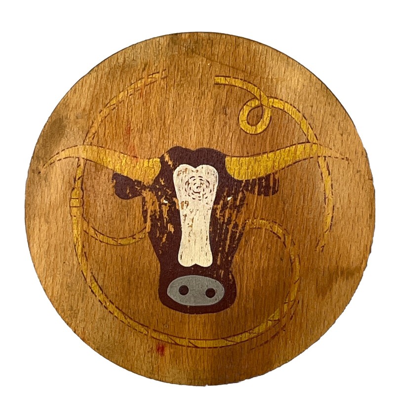 Fred Roberts Co Wood Hinged Hamburger Press Steer Longhorn And Rooster Vintage gallery