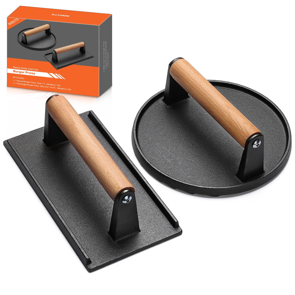 Mibote 7 " round 8.2" X 4.3" Rectangle Cast Iron Grill Press with Wooden Handle