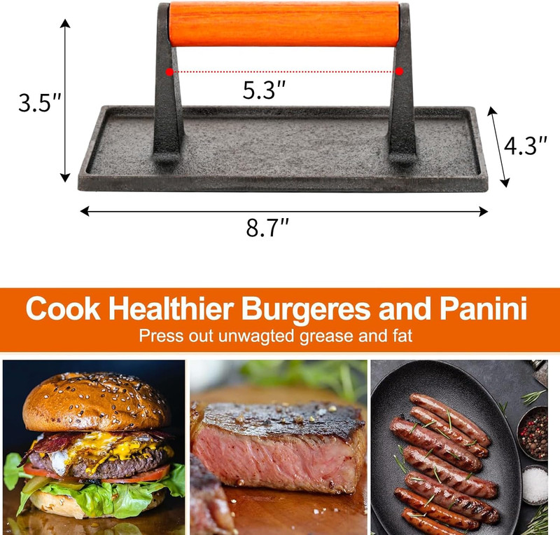 Heavy Duty Cast Iron Grill Press, 8.7" X 4.3" Rectangel Burger Press Bacon Smash gallery