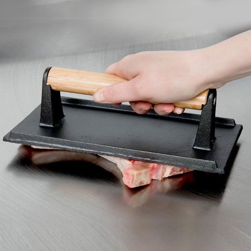 Heavy Duty Cast Iron Grill Press Wooden Handle Bacon Steak 8x4 In 2 PCS gallery