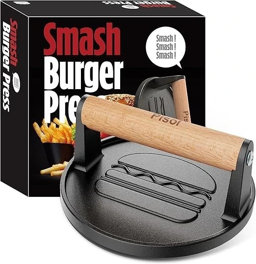 Pisol Smash Burger Press, Pre-Seasoned Cast Iron Hamburger Smasher, 2 lb gallery