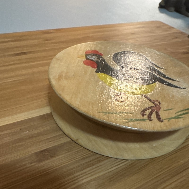 Vintage MCM Hamburger Press Wood Painted Rooster Good Condition 4” Diameter gallery