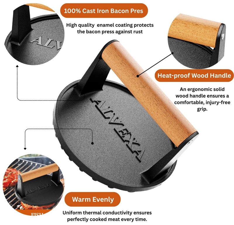Alvexa™ Cast Iron Smash Burger Press Kit, 6.85" Heavy-Duty Round, Black gallery