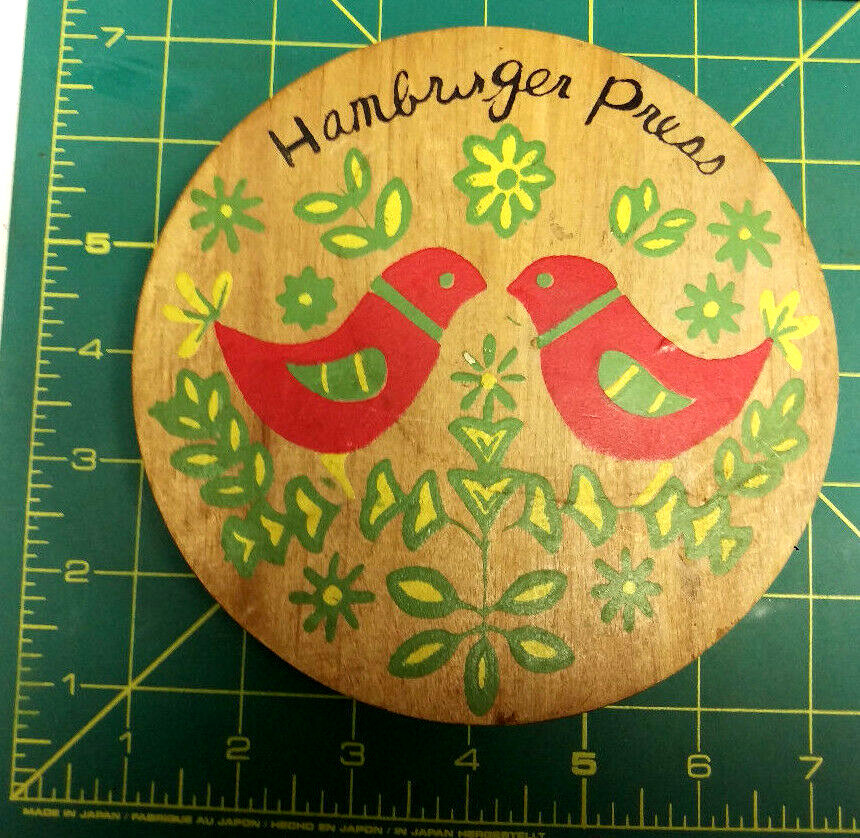 Vintage Wood Hamburger Press handpainted red birds & yellow flowers with green