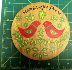 Vintage Wood Hamburger Press handpainted red birds & yellow flowers with green