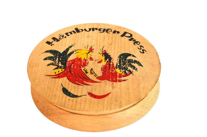 Wood Hinged Hamburger Press Hand Painted Fighting Roosters Vintage Japan 1950s gallery