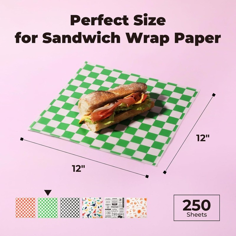 Fit Meal Prep [250 Sheets] 12x12" Deli Paper Sheets, Green Checkered gallery