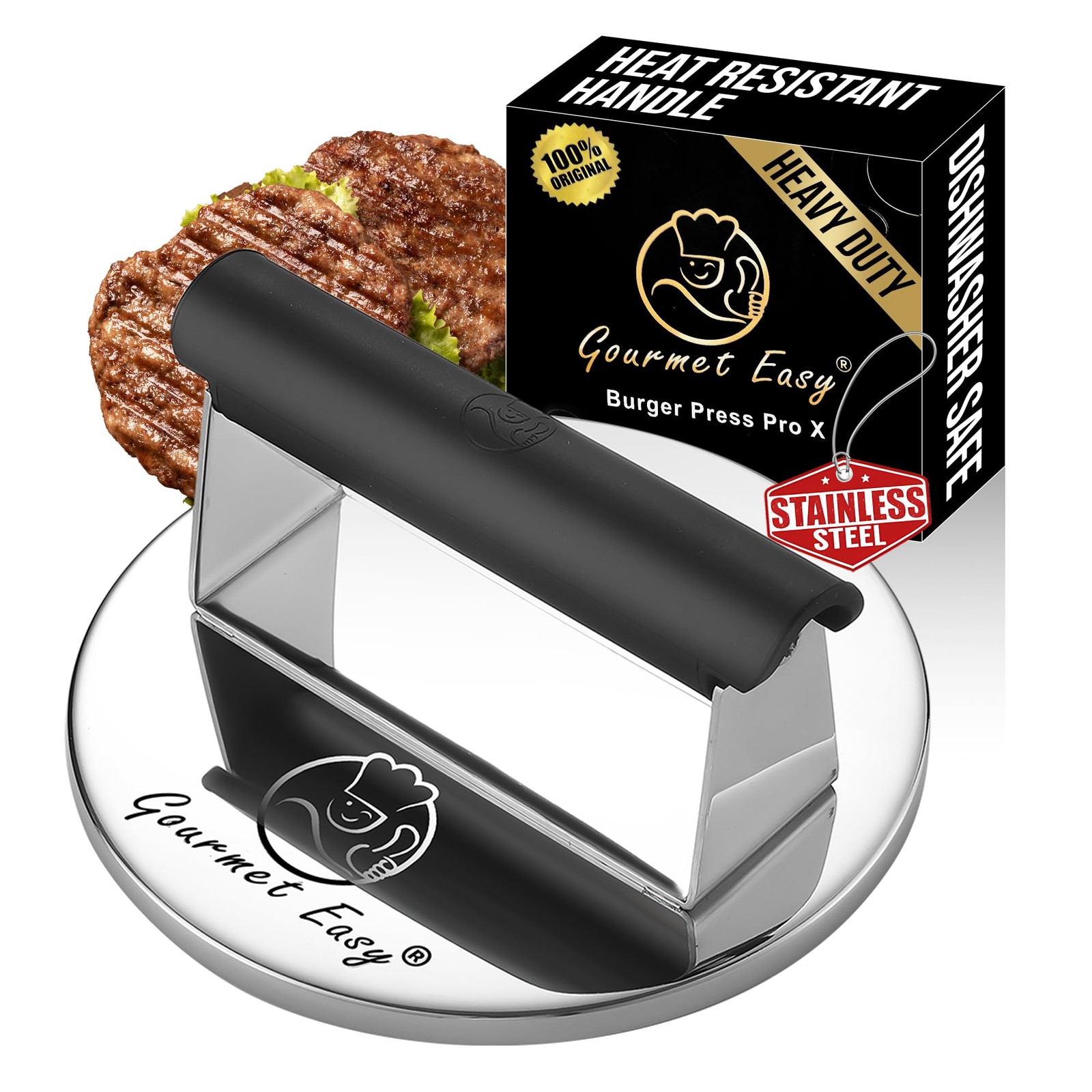 Burger Press Stainless Steel, Burger Smasher for Griddle w/Heat Resistant gallery