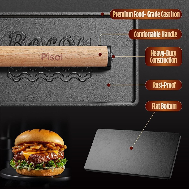 Smash Burger Press Cast Iron Bacon Meat Griddle Weight Pre-Seasoned Wood Handle gallery