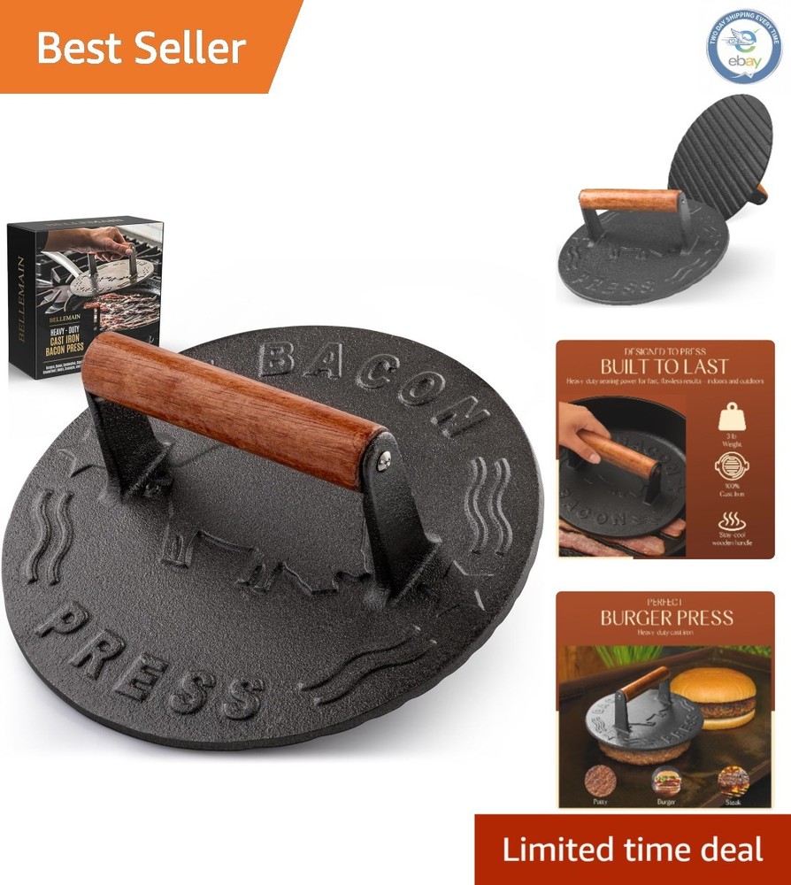 Perfect Searing Cast Iron Burger Smashing Press, 8.5" - Grill Marks Every Time