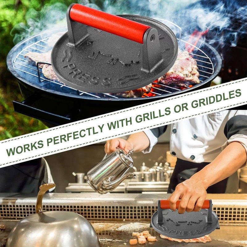 Burger Press, Heavy Duty Cast Iron Grill Bacon Press with Stay-Cool Wood Hand... gallery