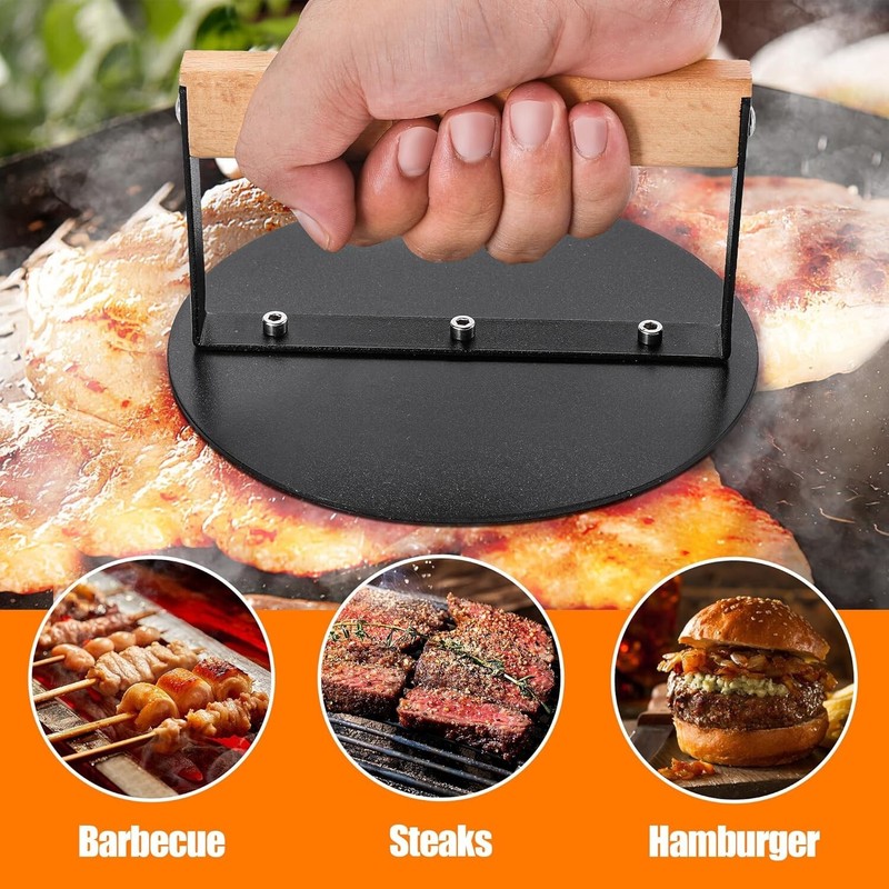 6" Smash Burger Press Patty Maker Round Burger Smasher Grill Press Wood Handle gallery