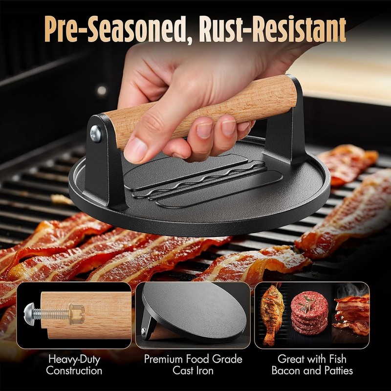 Cast Iron Smash Burger Press Pre-Seasoned Hamburger Smasher 2 lb Heavy-Duty gallery