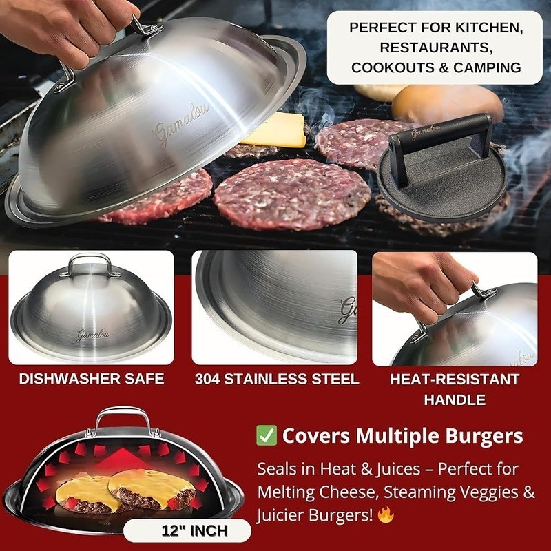Grill Accessories Set Cast Iron Press Melting Dome Burger Press Spatula Scraper gallery
