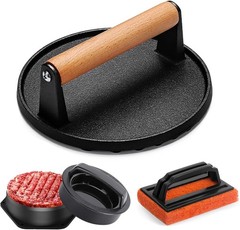Smash Burger Press kit, Heavy-Duty Cast Iron Round Grill Bacon Press with Wood