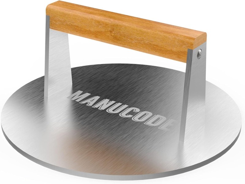 Heavy-Duty Stainless Steel Grill Press - 9 Inches Round Steak Weight with Woo... gallery