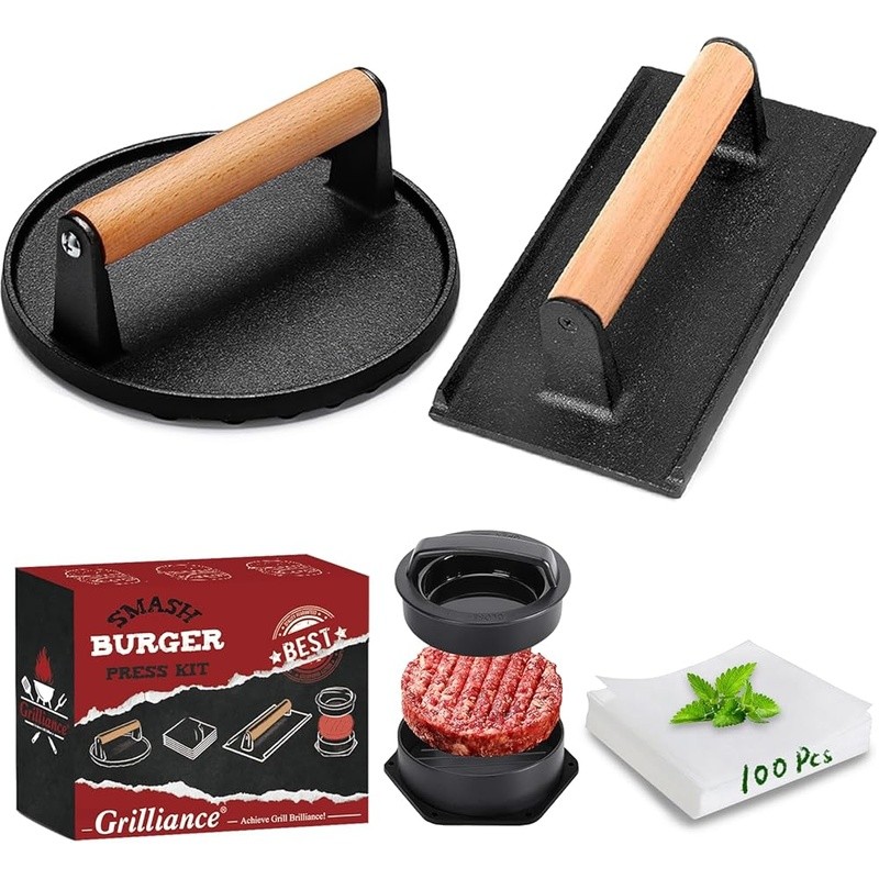 Cast Iron Burger Press Set 5PCS Smasher Patty Maker Griddle Press BBQ Tool New gallery