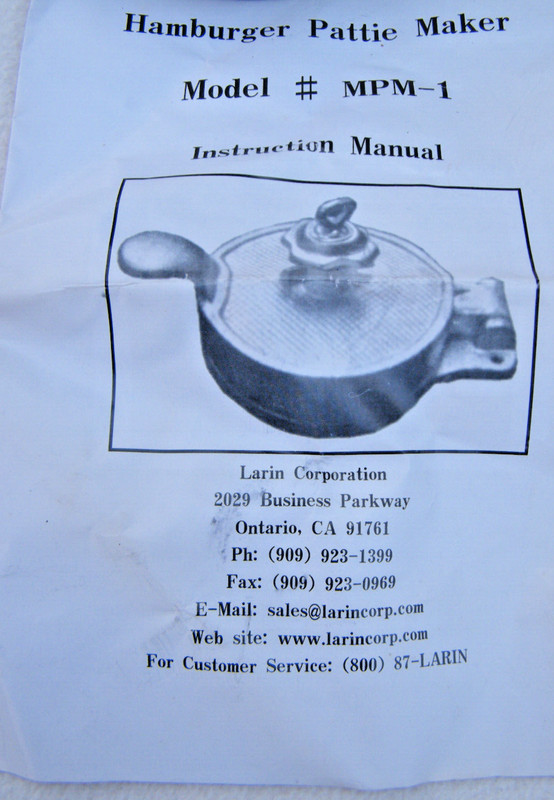 Vintage LARIN Corp Ontario Hamburger Pattie Patty Press Manual gallery
