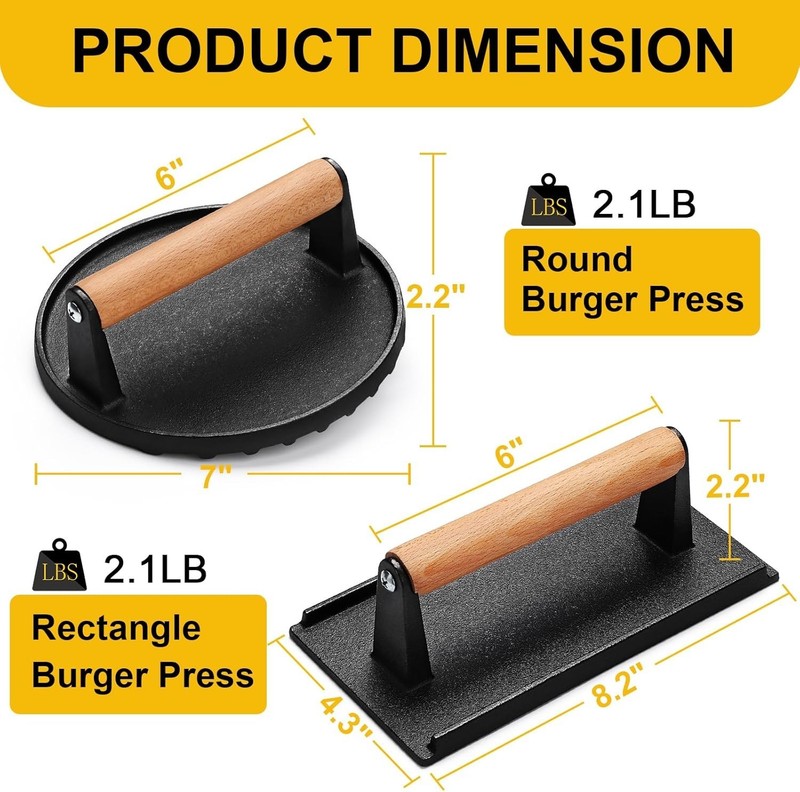 Cast Iron Grill Press for Blackstone Griddle, Round and Rectangular, Wooden H... gallery